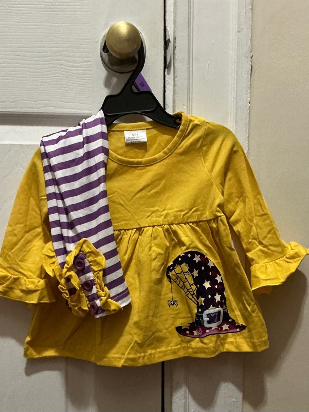 Kids Yellow Witch Tunic Set with Purple Striped Leggings